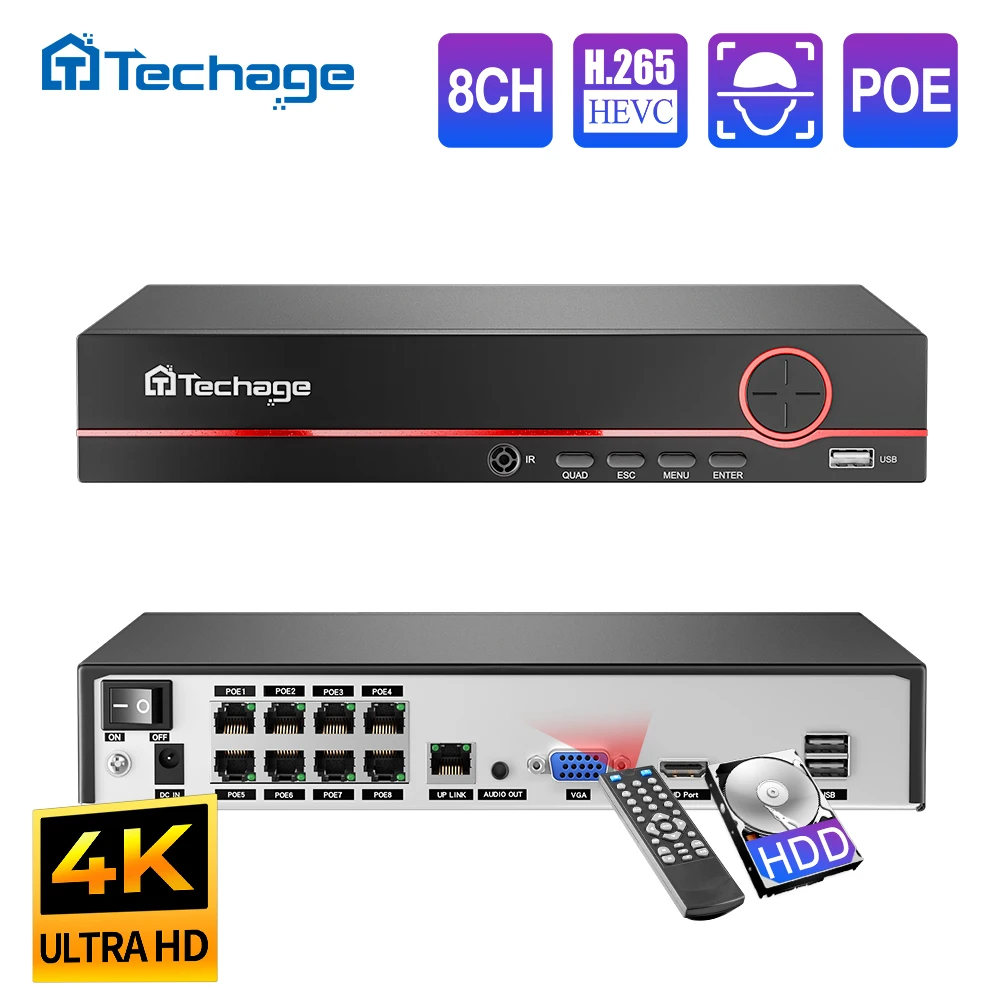 Security Ip Camera - Techage H.265 8CH PoE Netwerkvideorecorder 4MP